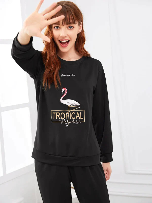 Black Tropical Printed Night suit