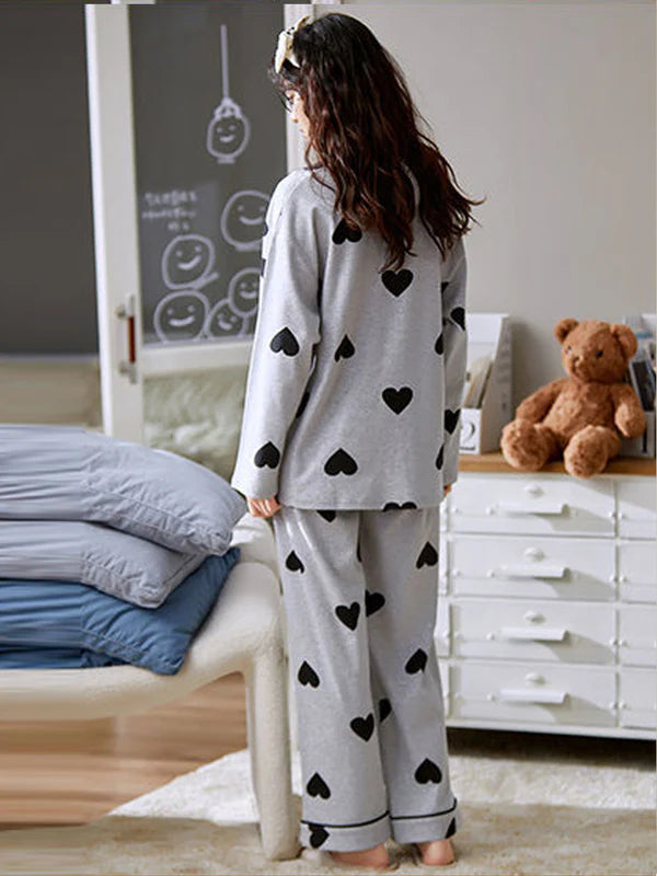 Grey With Black Multi Hearts Printed Night Suit