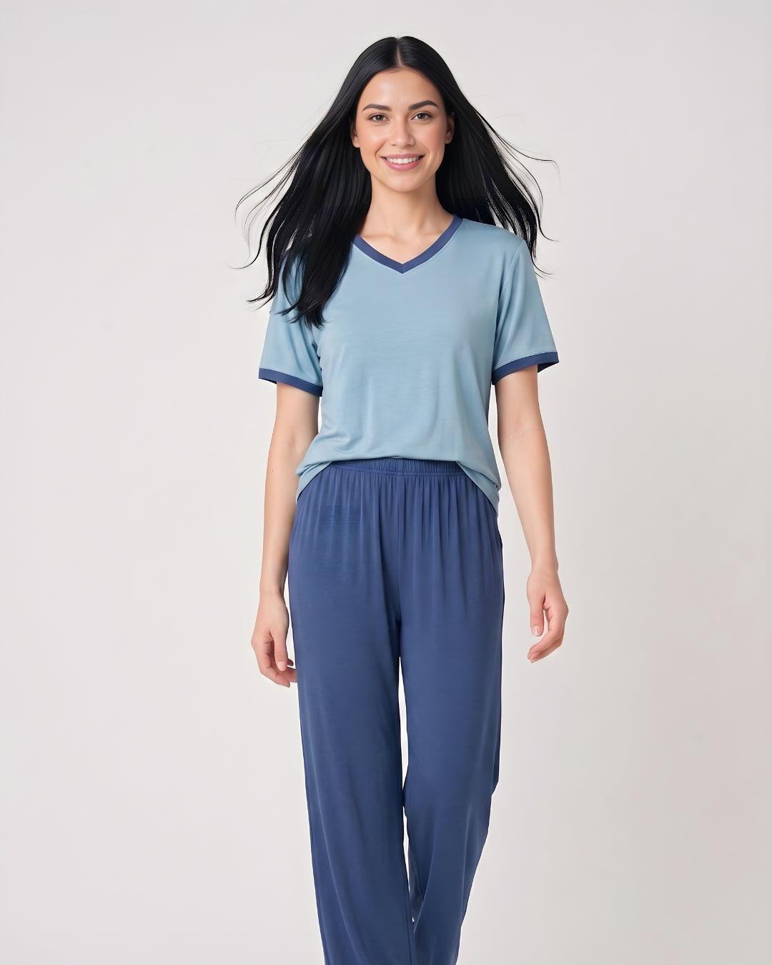 New Blue V Neck T-Shirt with Contrast Pocket Pajama