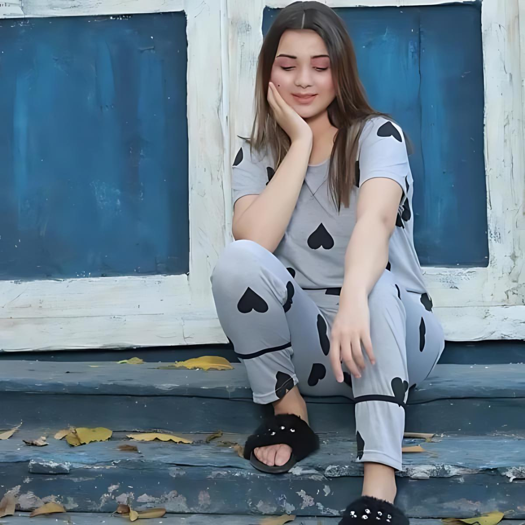 Grey With Black Multi Hearts Printed Night Suit
