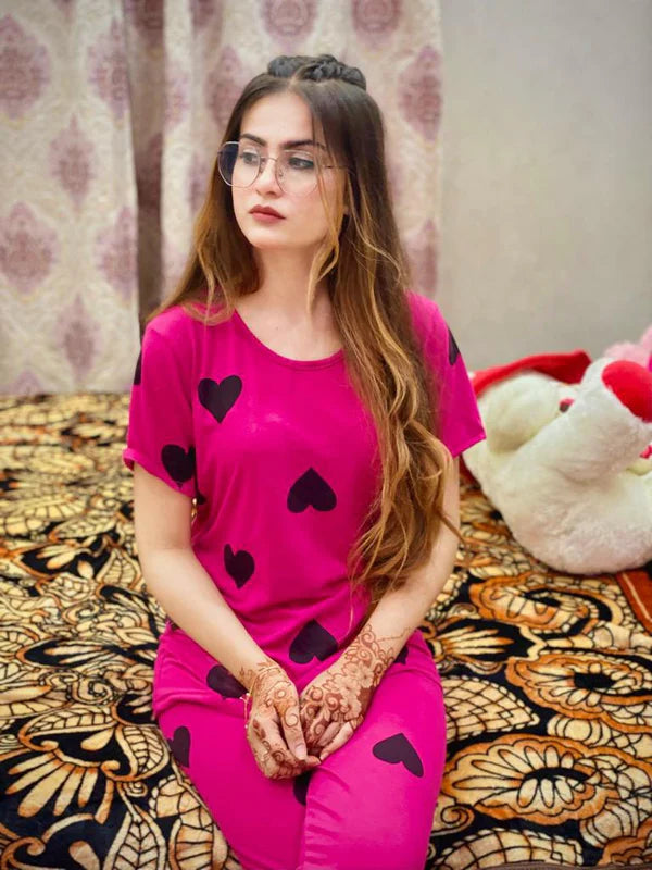 Black Multi Hearts Printed Night Suit