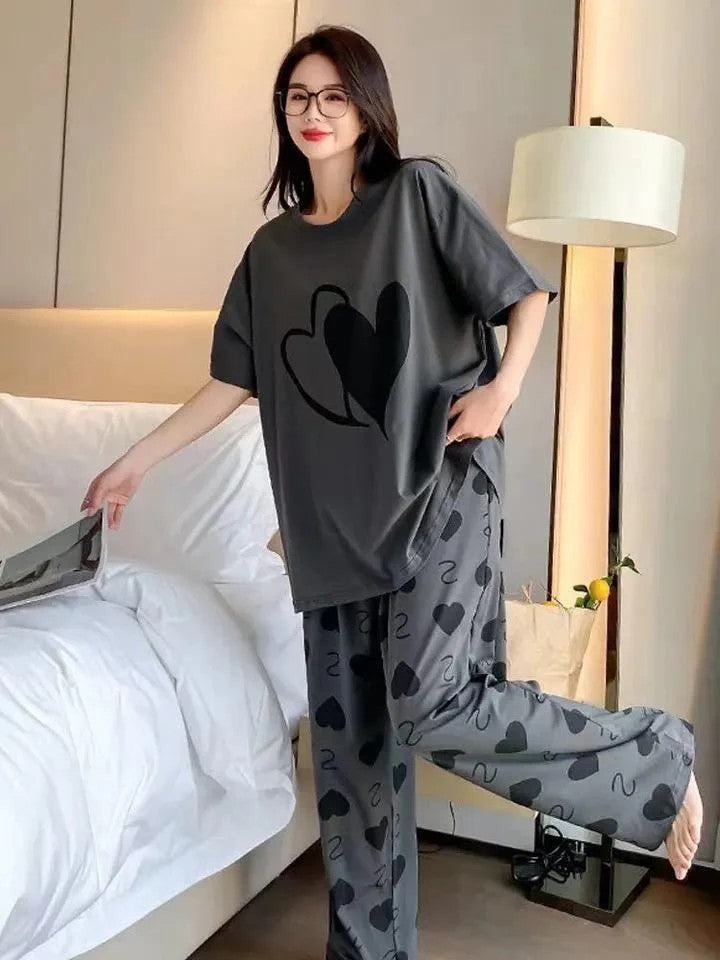 Charcoal Double heart Printed Night Suit