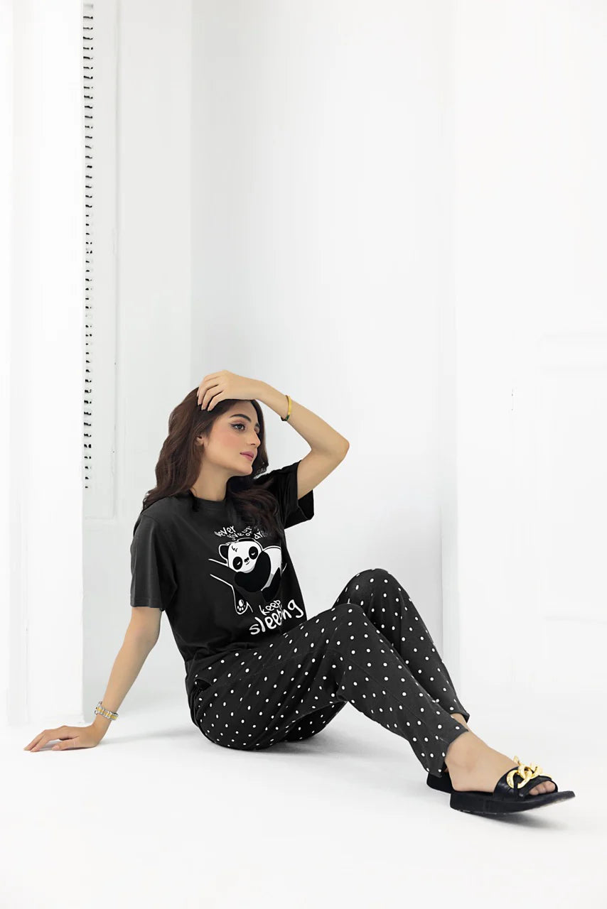 Black Never Give UP Printed Night Suit