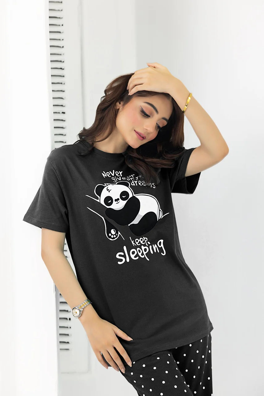 Black Never Give UP Printed Night Suit