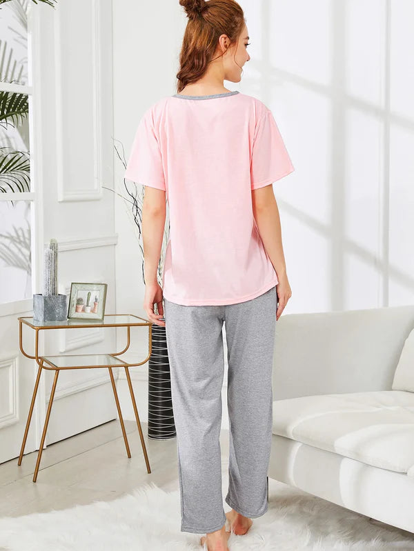 Round Neck Pipin Printed Night Suit