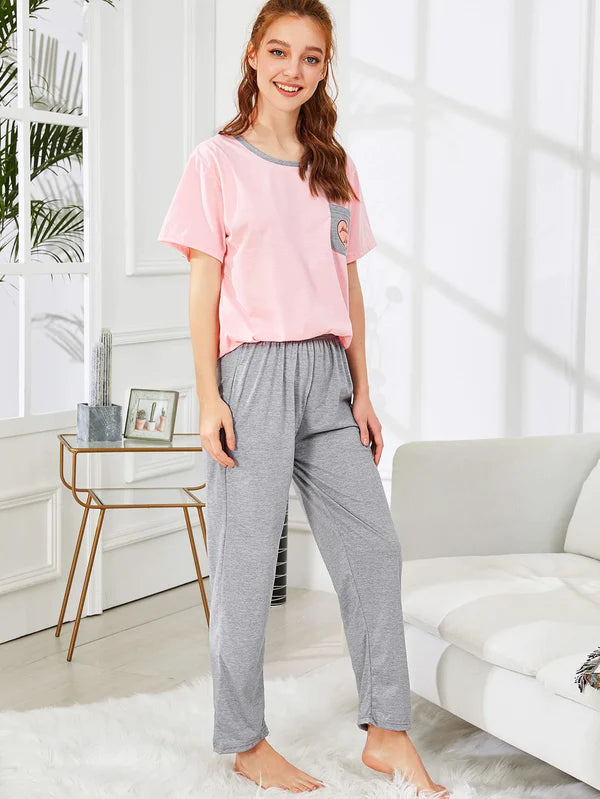 Round Neck Pipin Printed Night Suit