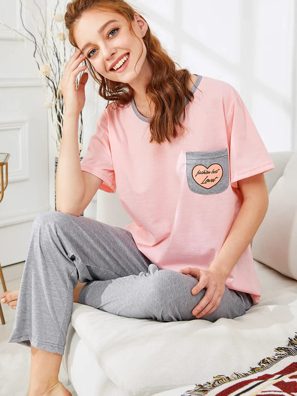Round Neck Pipin Printed Night Suit