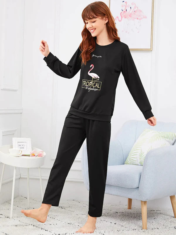 Black Tropical Printed Night suit