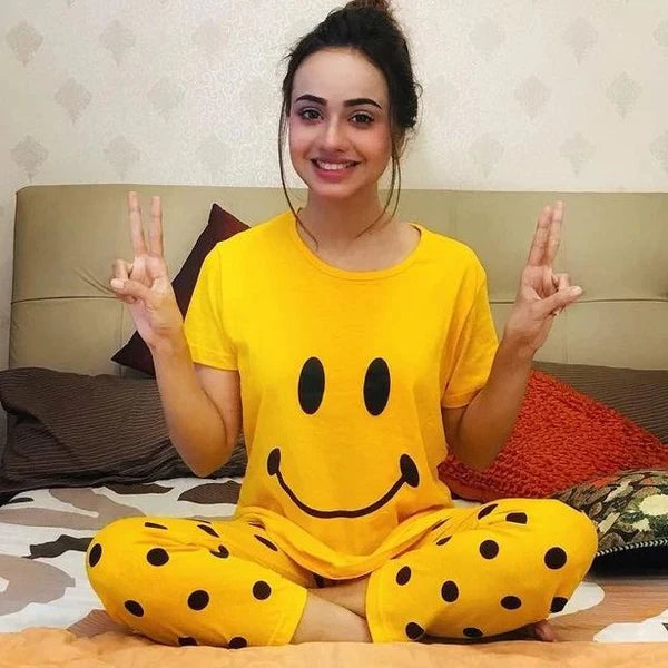 Yellow Smilly Printed Night Suit
