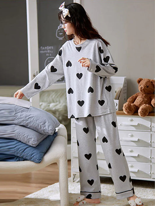 Grey With Black Multi Hearts Printed Night Suit