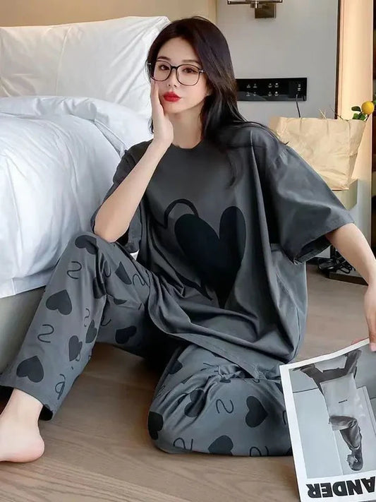 Charcoal Double heart Printed Night Suit