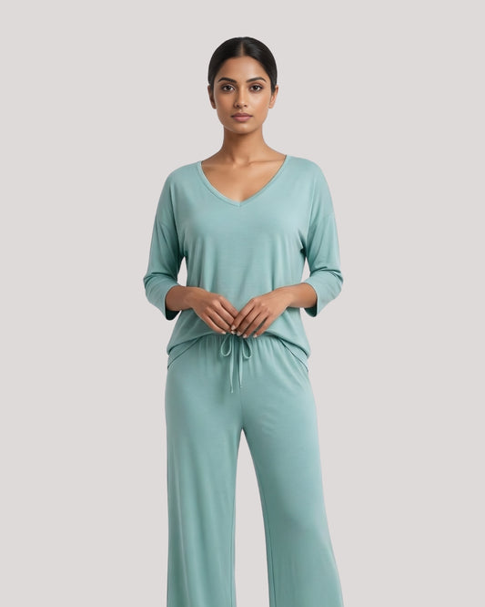 Aqua Blue V-Neck Women Night Suit PJ Set