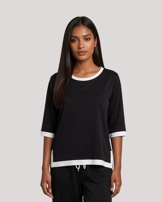 Black White Round Neck Plazzo PJ Set