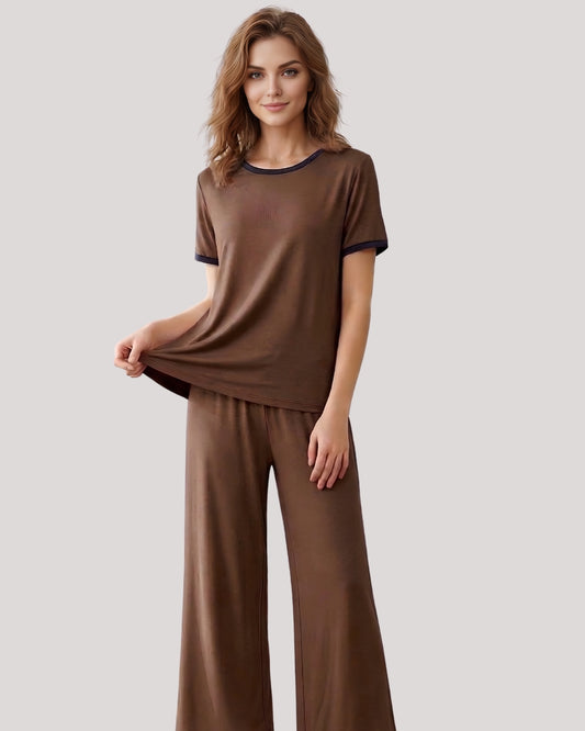 Plain Coffee Colour Tshirt With Black Round Neck And PLazo Pajama (Half Seeleve)