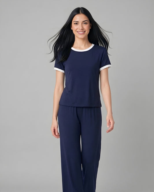 Dark Blue Tshirt With White Round Neck And Plazo Pajama (Half Seleeve)
