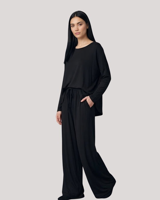 Deep Black Round Neck Plazzo PJ Set