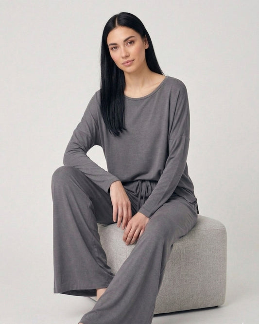 Plain Gray V Neck with Plazzo Pajama Full Sleeves Suit