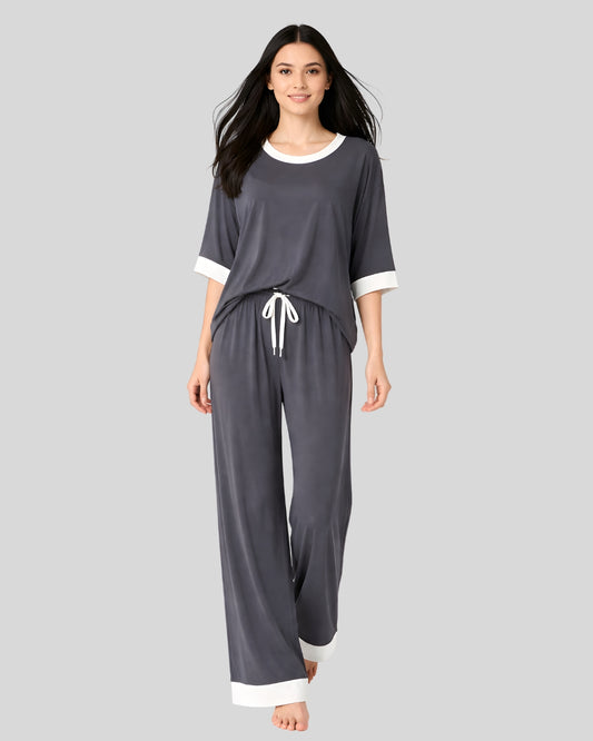 Grey White Round Neck Plazzo PJ Set