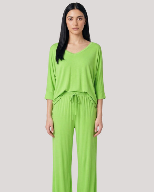Lemon Green V-Neck Women Night Suit PJ Set