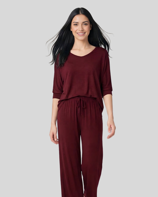 Maroon V-Neck Women Night Suit PJ Set