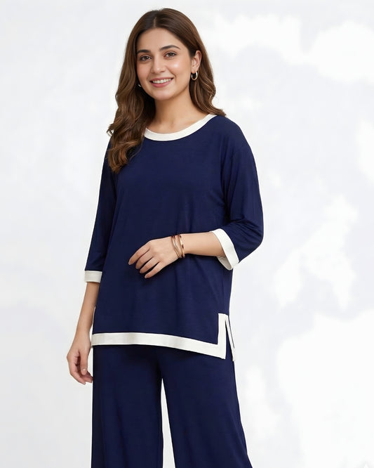 Navy Blue White Round Neck Plazzo PJ Set