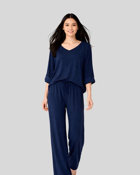 V-Neck Navy Blue  Women Night Suit PJ Set
