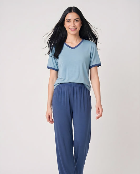 New Blue V Neck T-Shirt with Contrast Pocket Pajama