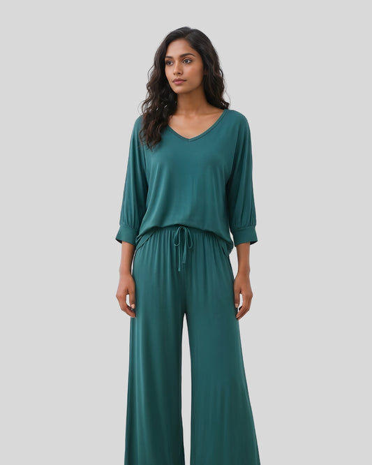 Persian Blue V-Neck Women Night Suit PJ Set