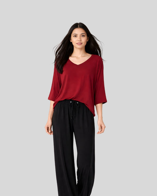 Plain maroon V Neck T Shirt with Black Plazzo