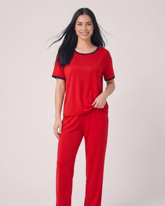 Plain Red Tshirt With Black Round Neck And Plazo Pajama (Half Seleeve)
