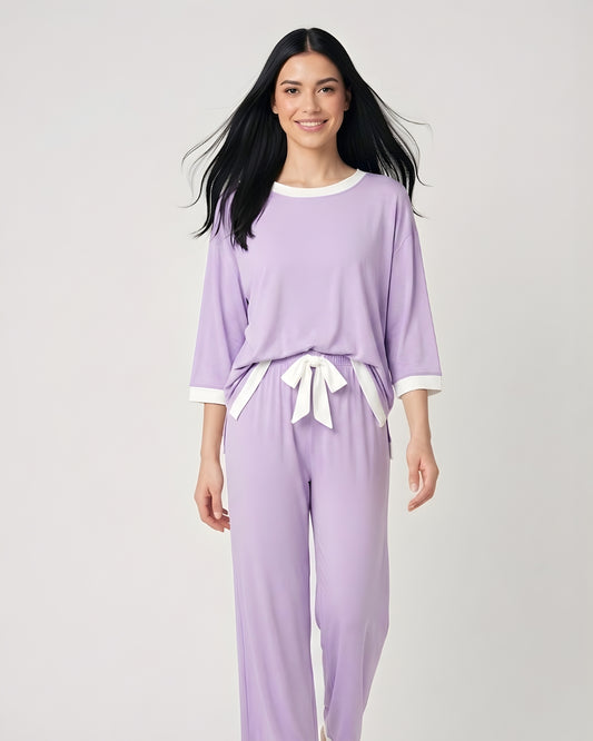 Purple White Round Neck Plazzo PJ Set