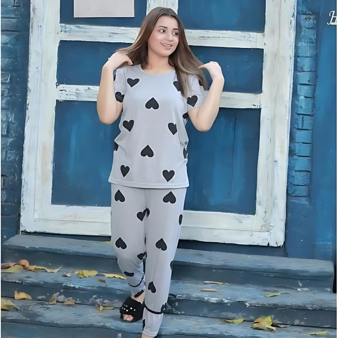Grey With Black Multi Hearts Printed Night Suit