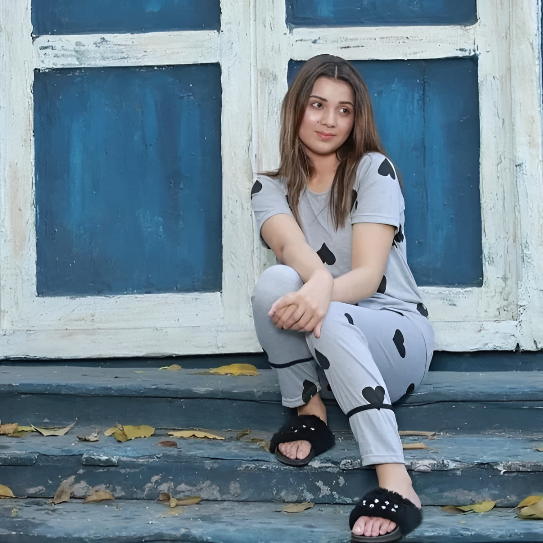 Grey With Black Multi Hearts Printed Night Suit