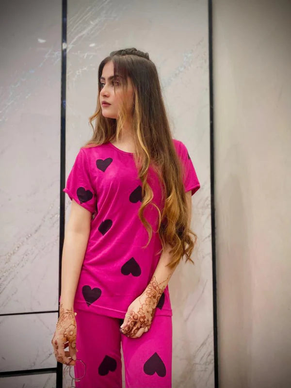 Black Multi Hearts Printed Night Suit
