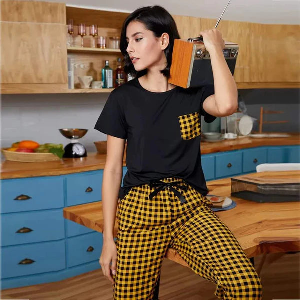 Yellow and Black Check Pocket printed night suit