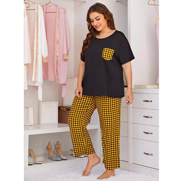 Yellow and Black Check Pocket printed night suit