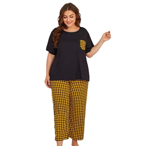 Yellow and Black Check Pocket printed night suit