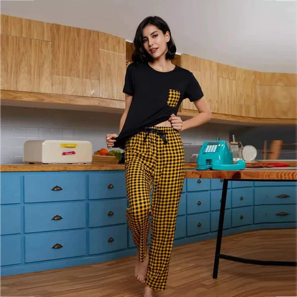 Yellow and Black Check Pocket printed night suit