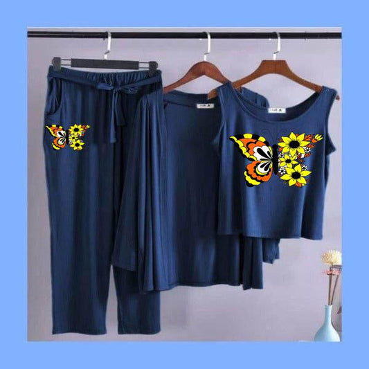 orange butterfly Women Night Suit 3 pieces