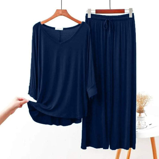 V-Neck Navy Blue  Women Night Suit PJ Set