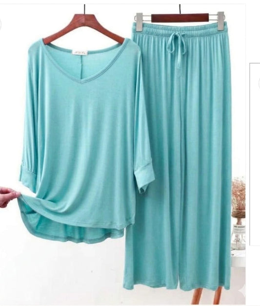 Aqua Blue V-Neck Women Night Suit PJ Set