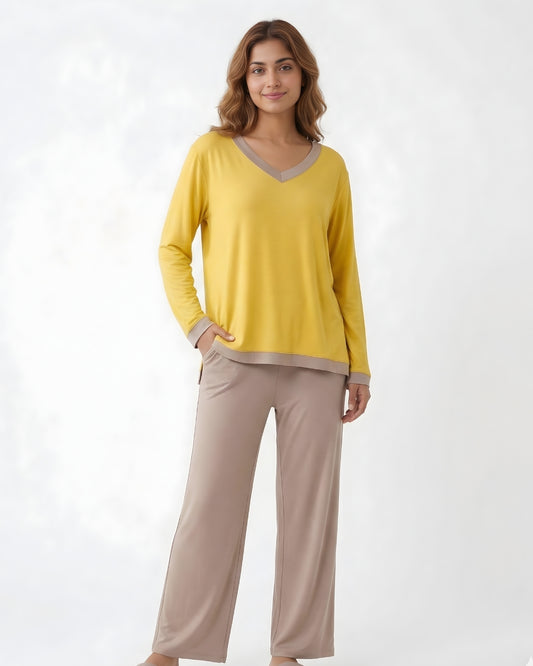 Yellow V-Neck T Shirt with Contrast Trouser PJ Set