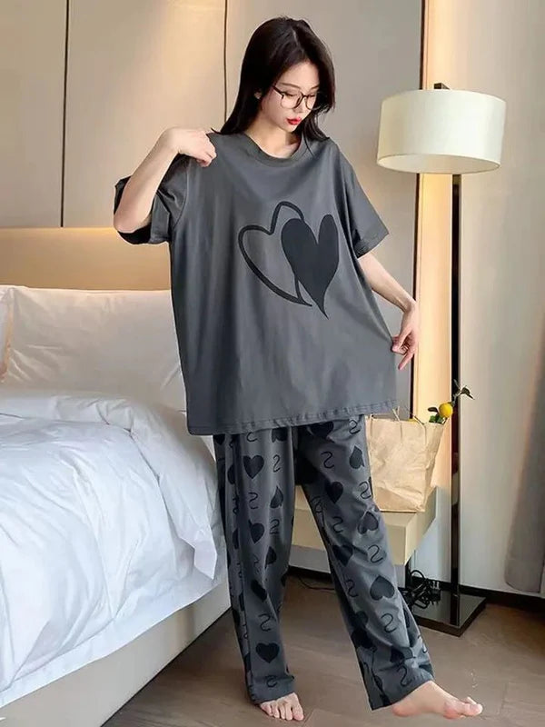 Charcoal Double heart Printed Night Suit